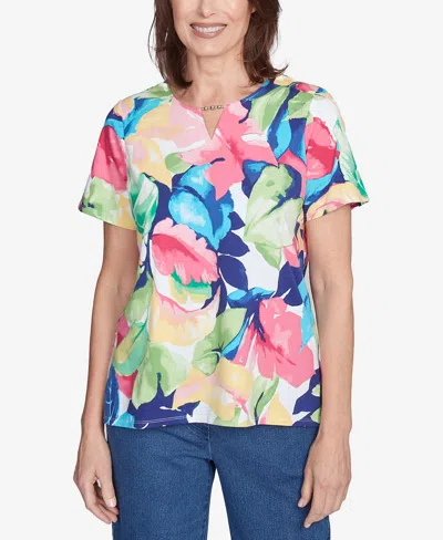 Alfred Dunner Women's Tropical Leaf Split Beaded Neck Top In Bright