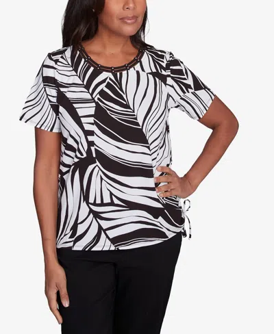 Alfred Dunner Women's Twisted Leaves Top With Side Tie Top In Black,white
