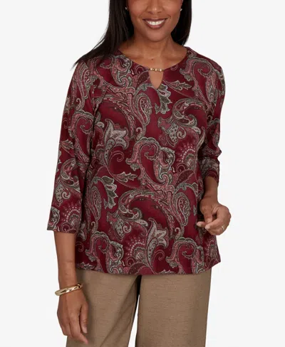 Alfred Dunner Women's Union Square Paisley Scroll Melange Knit Top In Burgundy