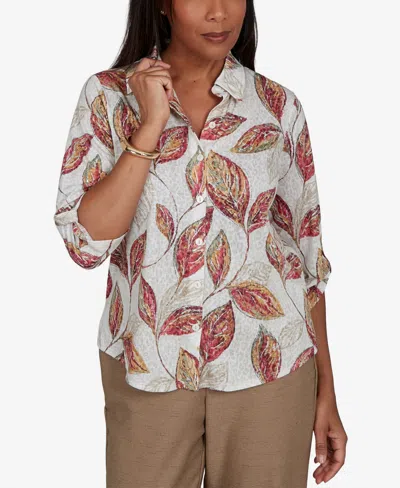 Alfred Dunner Women's Union Square Sketched Leaf Button Front Knit Top In Multi