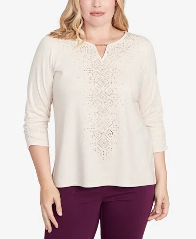 Alfred Dunner Women's Urban Legend Center Embellished V-neck Top In Neutral