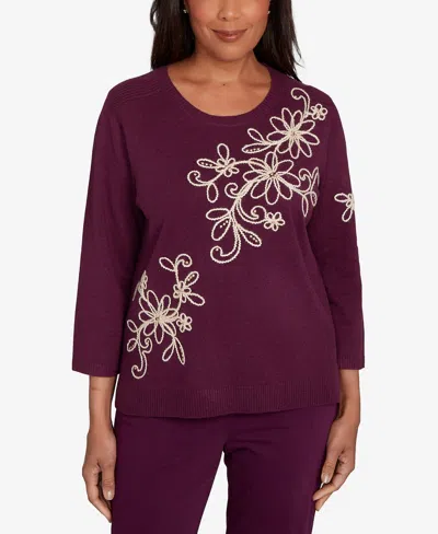 Alfred Dunner Women's Urban Legend Diagonal Floral Embroidered Sweater In Purple