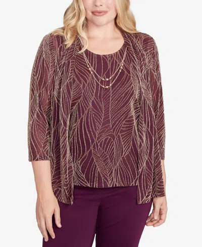 Alfred Dunner Women's Urban Legend Glitter Leaf Two In One Top With Necklace In Purple