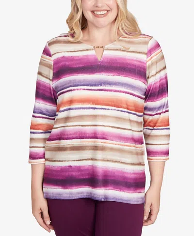 Alfred Dunner Women's Urban Legend Watercolor Biadere Beaded Split Neck Top In Multi