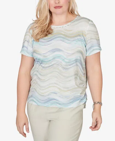Alfred Dunner Women's Vintage Charm Wavy Biadere Side-tie Ruched Crewneck T-shirt In Multi