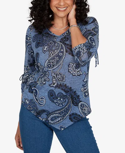 Alfred Dunner Women's V-neck 3/4-sleeve Asymmetrical-hem Knit Top In Denim