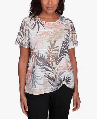 Alfred Dunner Women's Warm Palm Tree Short Sleeve Top In Neutral