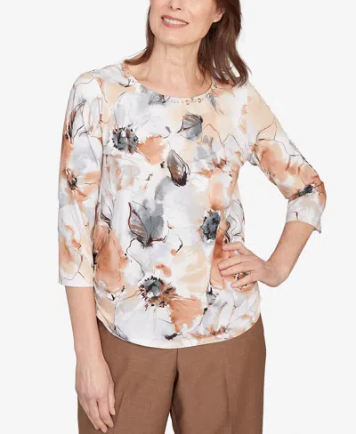 Alfred Dunner Women's Watercolor Floral Gathered Sides Crew Neck Top