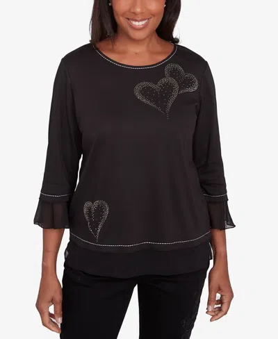 Alfred Dunner Women's Checking In Embroidered Heart Striped Top Black Size 1X