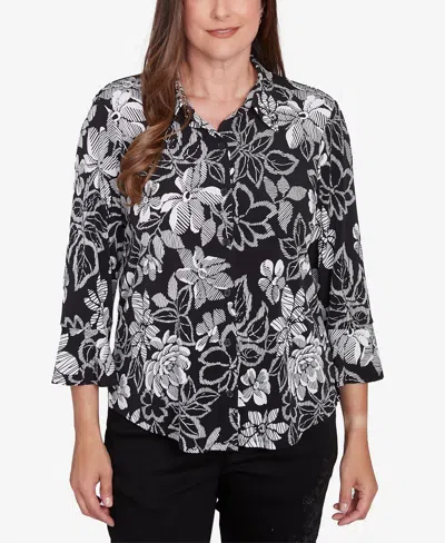 Alfred Dunner Petite Floral Puff Print Button Down Top In Black,white