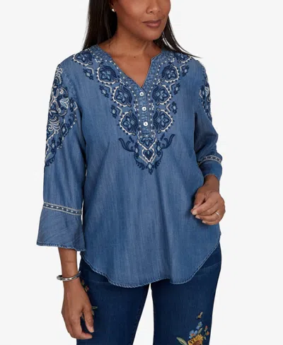 Alfred Dunner Women's Woven Split V-neck 3/4-sleeve Button-front Blouse In Blue