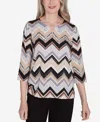Alfred Dunner Petite Key Items Zig Zag Split Neck Top In Black,tan