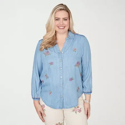 Alfred Dunner Plus Size Beachcomber Floral Embroidered Button Front Closure Top In Multi