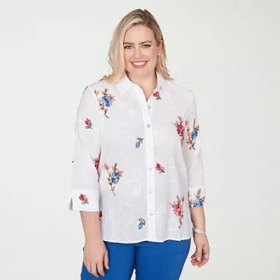 Alfred Dunner Women's The Royal Treatment Embroidered Flower Collared Button Front Top In White
