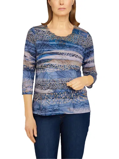 Alfred Dunner Womens Animal Print Embellished Blouse In Blue