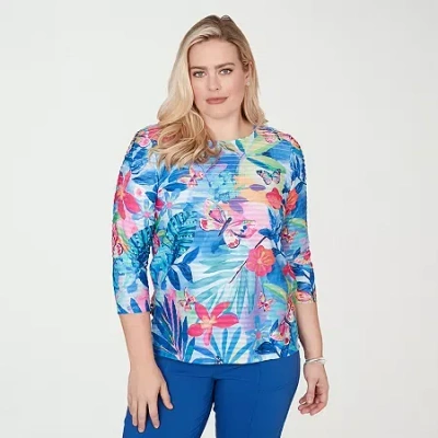 Alfred Dunner Plus Size The Royal Treatment Tropical Butterfly Ruffle Textured Top In Blue