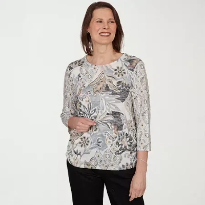 Alfred Dunner Womens Crew Neck 3/4 Sleeve T-shirt In Brown