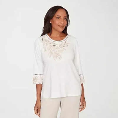 Alfred Dunner Plus Size Natural Wonder Embellished Leaf Ruffle Sleeve Top In White