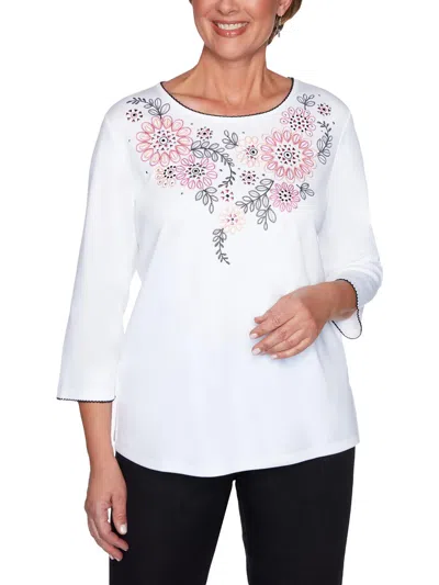 Alfred Dunner Womens Embroidered Floral Blouse In White