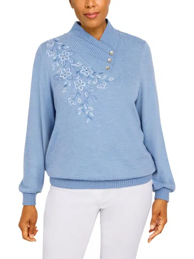 Alfred Dunner Womens Embroidered Heathered Pullover Sweater In Blue
