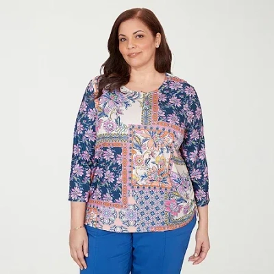 Alfred Dunner Womens Plus Crew Neck 3/4 Sleeve T-shirt In Pattern