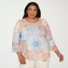 Alfred Dunner Plus Size Beachcomber Patchwork Medallion Ruffle Sleeve Top In Burgundy