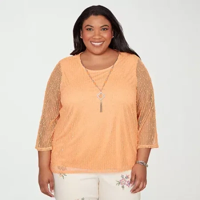 Alfred Dunner Plus Size Beachcomber Bright Popcorn Mesh Top With Necklace In Orange