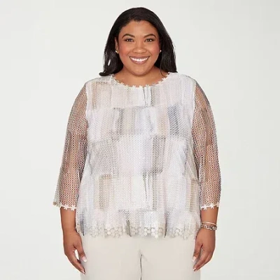 Alfred Dunner Plus Size Natural Wonder Neutral Brushstrokes Mesh Top In Multi