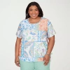 Alfred Dunner Plus Size Caribbean Blues Patchwork Scroll Side Tie Ruched Top In Blue