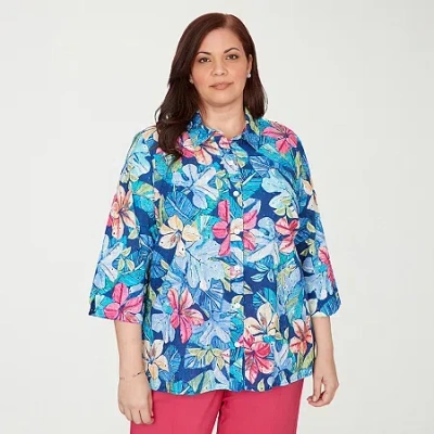 Alfred Dunner Womens Plus Cuffed 3/4 Sleeve Button-down Shirt In Blue