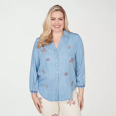 Alfred Dunner Plus Size Beachcomber Floral Embroidered Button Front Closure Top In Multi