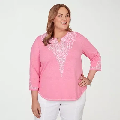 Alfred Dunner Plus Size The Royal Treatment Embroidered Split Neck Three Quarter Sleeve Top In Pink