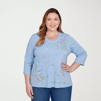 Alfred Dunner Womens Plus V Neck 3/4 Sleeve T-shirt In Blue