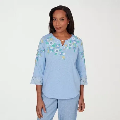 Alfred Dunner Womens Split Crew Neck 3/4 Sleeve T-shirt In Blue