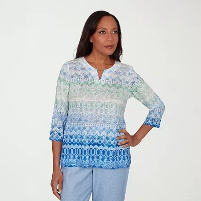 Alfred Dunner Womens Split Crew Neck 3/4 Sleeve T-shirt In Blue