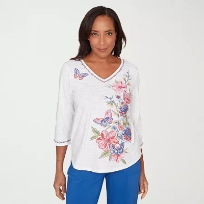 Alfred Dunner Plus Size The Royal Treatment Floral Butterfly Embroidered V-neck Top In White