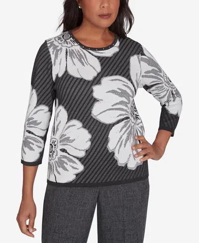 Alfred Dunner Women's Worth Avenue Floral Textured Sweater In Chrcoal