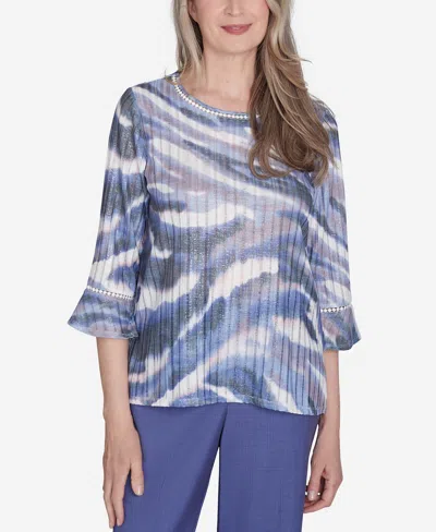 Alfred Dunner Women's Worth Avenue Watercolor Top With Three Quarter Bell Sleeves In Mupurpl