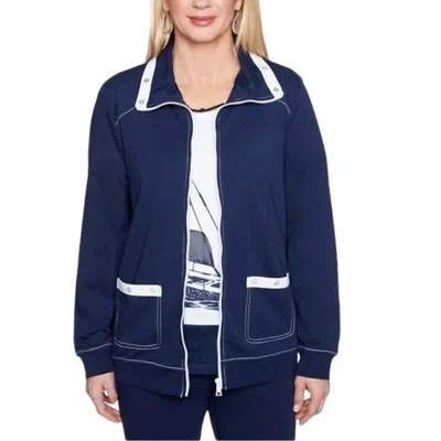 Alfred Dunner Zip Up Sailing Graphic Jacket In Navy In Blue