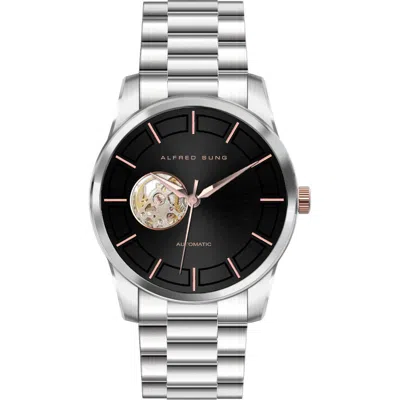 Alfred Sung Automatic I Quartz Bracelet Watch, 42mm In Silver Bracelet Black Dial