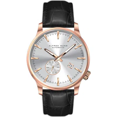 Alfred Sung Automatic Ii Leather Strap Watch, 43mm In Black Strap Silver Dial