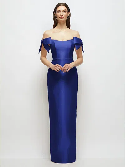 Alfred Sung Basque-neck Satin Column Maxi Dress With Off-the-shoulder Bows In Blue