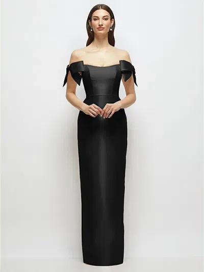Alfred Sung Basque-neck Satin Column Maxi Dress With Off-the-shoulder Bows In Black
