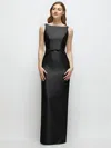 Alfred Sung Bateau Neck Satin Column Dress With Bow-trimmed Skinny Belt