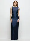 Alfred Sung Bateau Neck Satin Column Dress With Bow-trimmed Skinny Belt