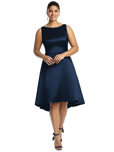 Alfred Sung Bateau Neck Satin High Low Cocktail Dress In Midnight Navy