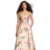 ALFRED SUNG BONED CORSET CLOSED-BACK FLORAL SATIN GOWN WITH FULL SKIRT