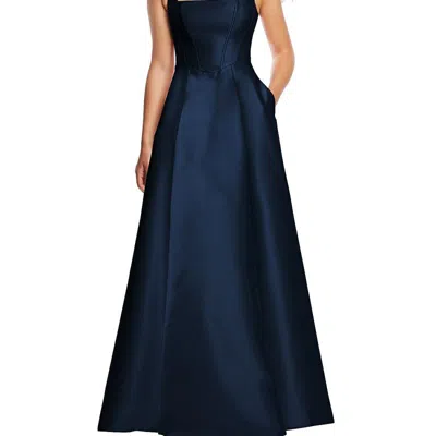 ALFRED SUNG BONED CORSET CLOSED-BACK SATIN GOWN WITH FULL SKIRT AND POCKETS