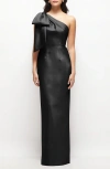 Alfred Sung Oversized Bow One-shoulder Satin Column Maxi Dress In Black