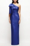 Alfred Sung Oversized Bow One-shoulder Satin Column Maxi Dress In Cobalt Blue